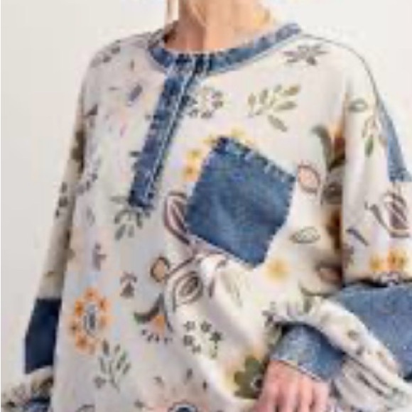 Easel Floral Print Mineral Washed Henley Top in Ecru Size M - Picture 2 of 3